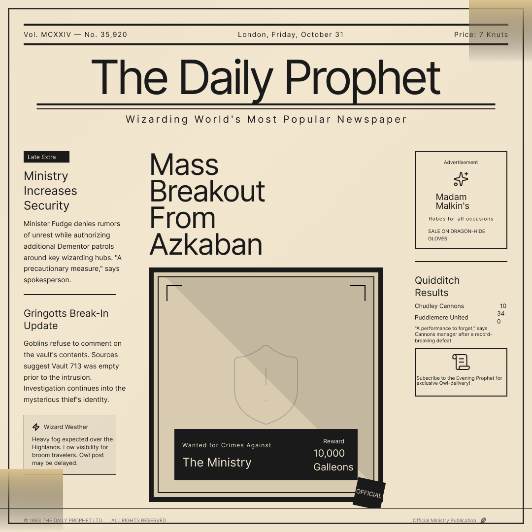 Harry Potter Daily Prophet newspaper vintage layout